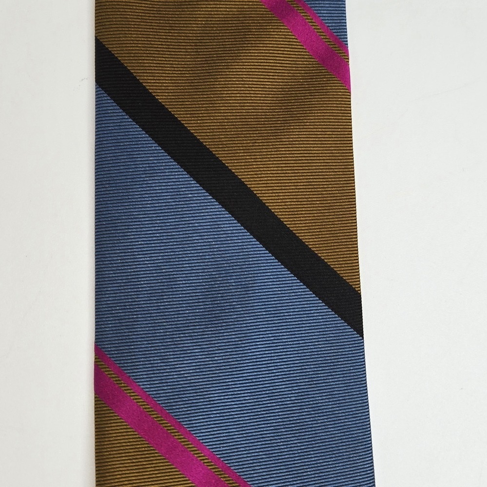 VTG Pierre Cardin Silk Tie‎ Periwinkle Magenta Olive Black Mod Striped Shillitos